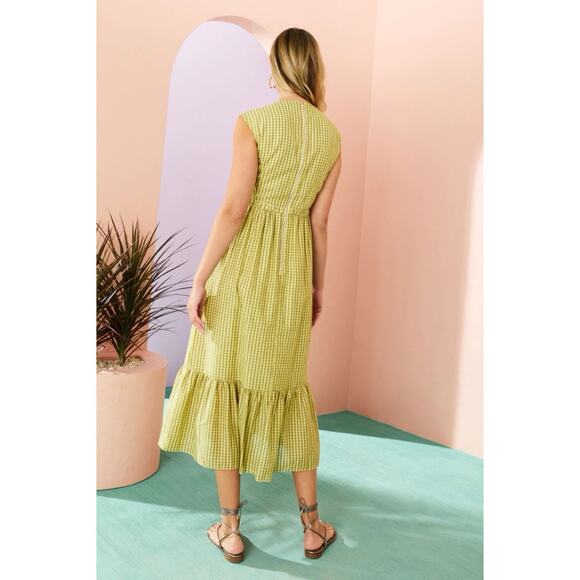 Marie Oliver Simone Lemongrass Yellow Plaid Cut Out Silk Blend Midi Dress - Picture 2 of 6